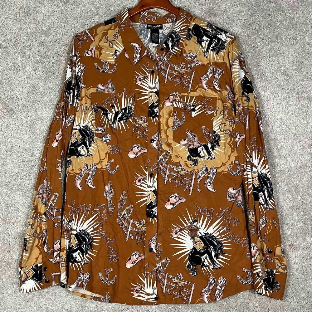 Wrangler Retro Western Shirt Women XL Brown Long Live Cowboys Rayon Snap Up
